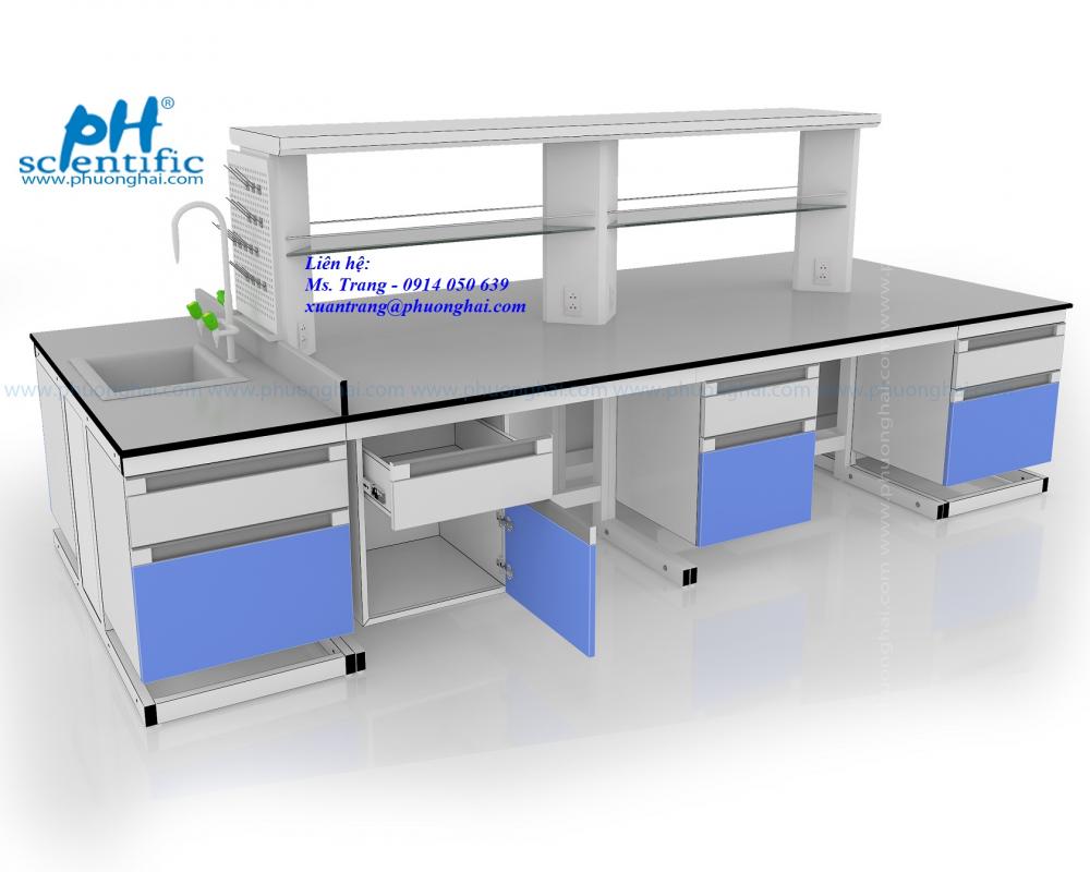 bàn thí nghiệm chống hóa chất đặt giữa phòng